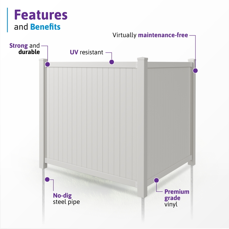 Cambridge vinyl privacy fence highlighting premium vinyl construction, UV resistance, and steel pipe support.