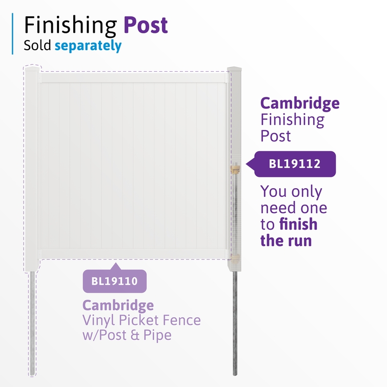 Diagram showing finishing post placement for completing a run of Cambridge vinyl privacy fence.