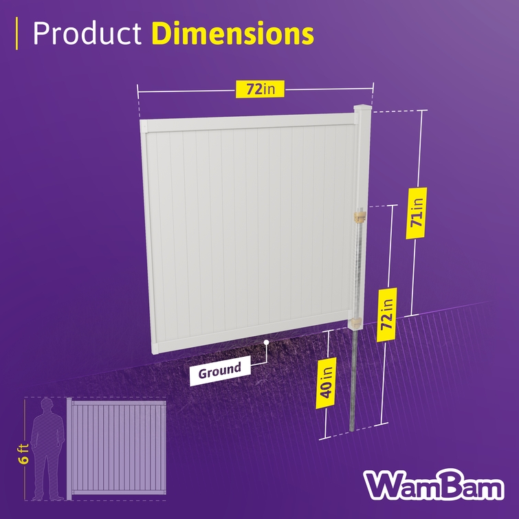 Dimensions of Cambridge vinyl privacy fence panel showing width, height, and below-ground depth.