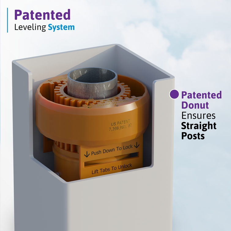 Cutaway view of patented leveling donut system inside vinyl post for aligning steel pipe anchor.