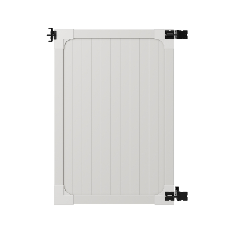 Cambridge white vinyl privacy gate panel with hinges and latch shown on a white background.