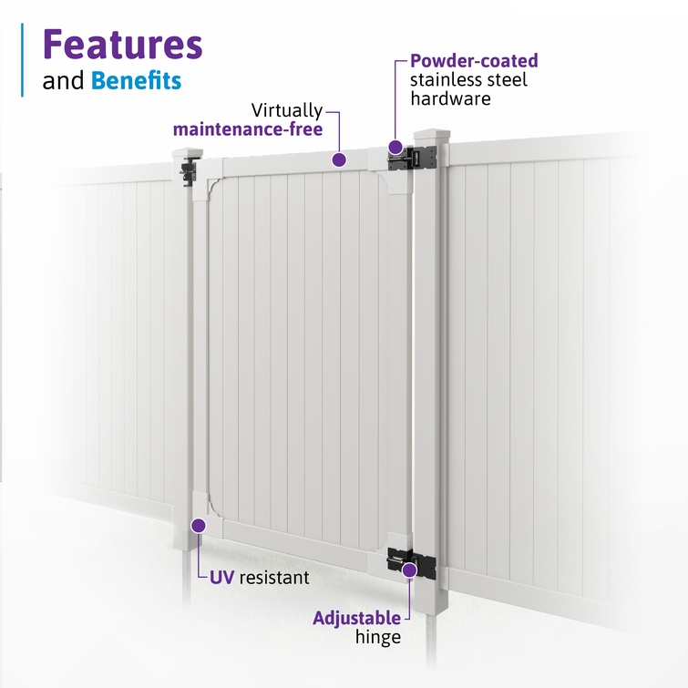 Cambridge vinyl privacy gate highlighting UV-resistant vinyl, adjustable hinges, and stainless steel hardware.