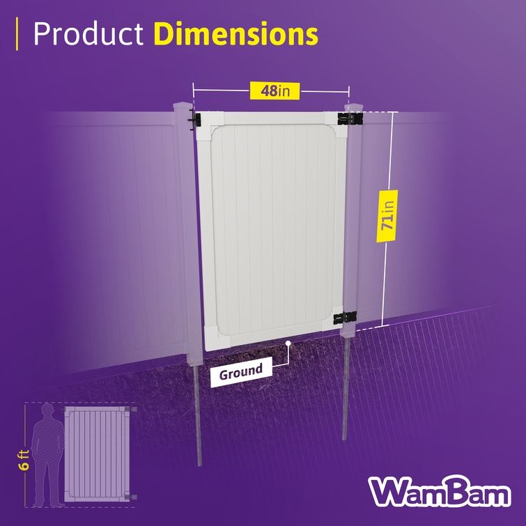 Dimensions of the Cambridge vinyl privacy gate showing width, height, and below-ground depth.