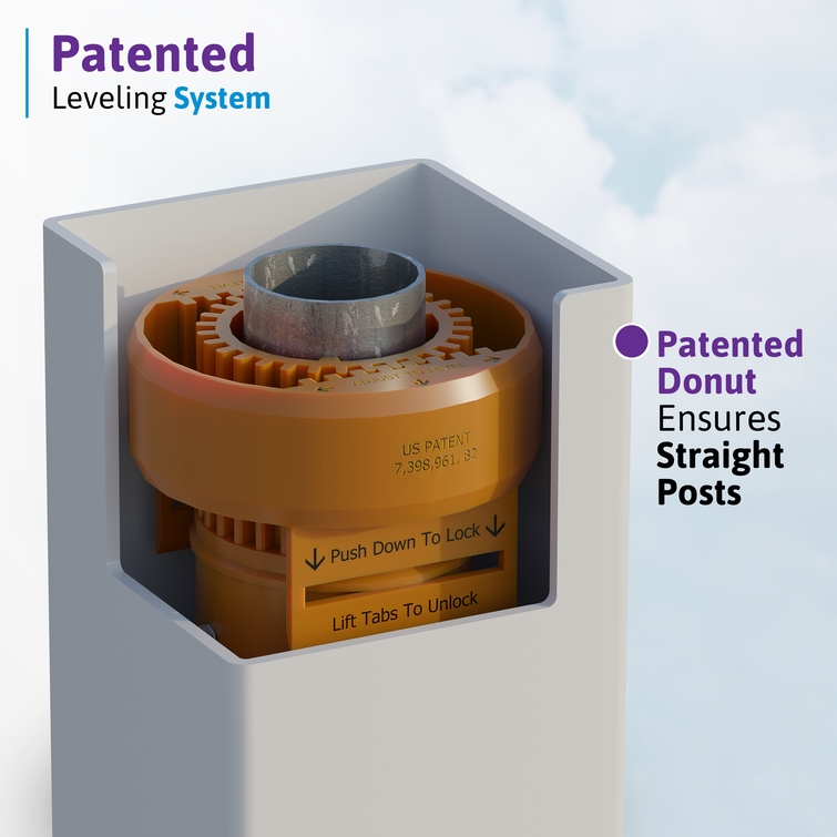 Cutaway view of the patented leveling donut system inside a vinyl post for aligning the steel pipe anchor.