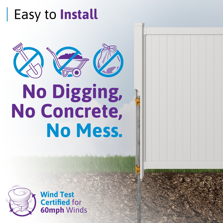 Diagram showing no-dig installation of the Cambridge vinyl privacy gate using a steel pipe anchor.