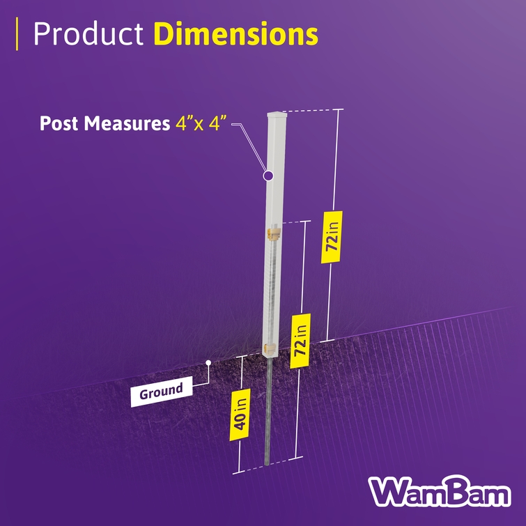 Cambridge finishing post dimensions showing 4x4 vinyl post and no-dig steel pipe anchor length