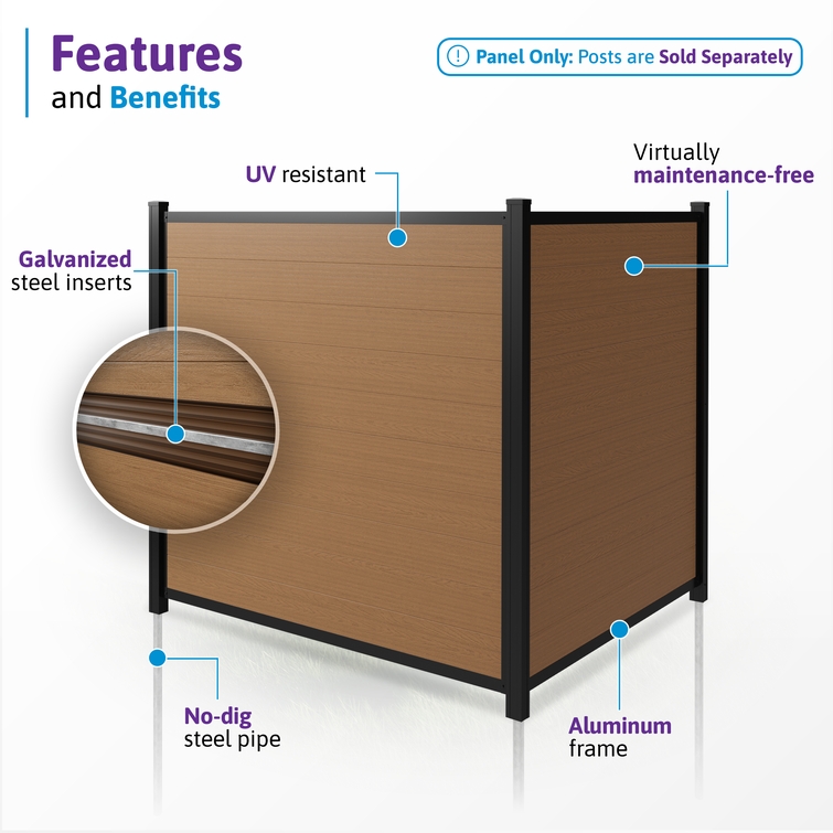 walnut brown composite fence panel features UV resistant steel reinforced boards aluminum frame