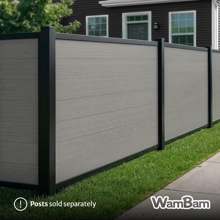 4ft slate grey composite privacy fence installed in backyard with black aluminum posts