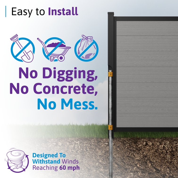 no dig composite fence installation using steel pipe anchor system without concrete or digging