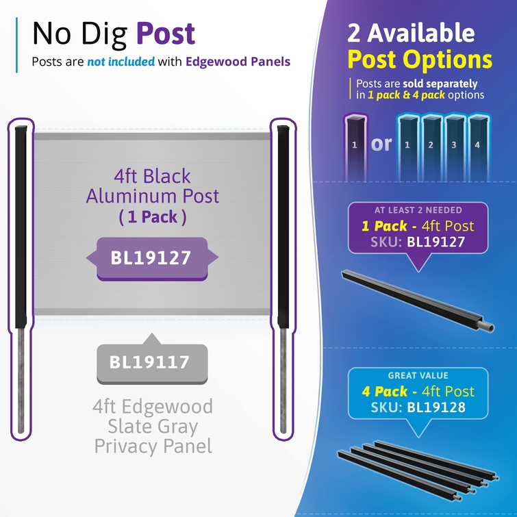 available aluminum fence post options including single post and 4 pack with anchors for no dig installation