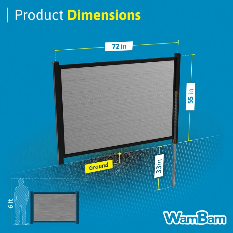 dimensions of 4ft composite privacy fence panel showing width height and installation depth measurements