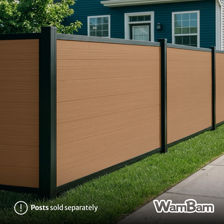 4ft walnut brown composite privacy fence panel installed with black aluminum posts in backyard