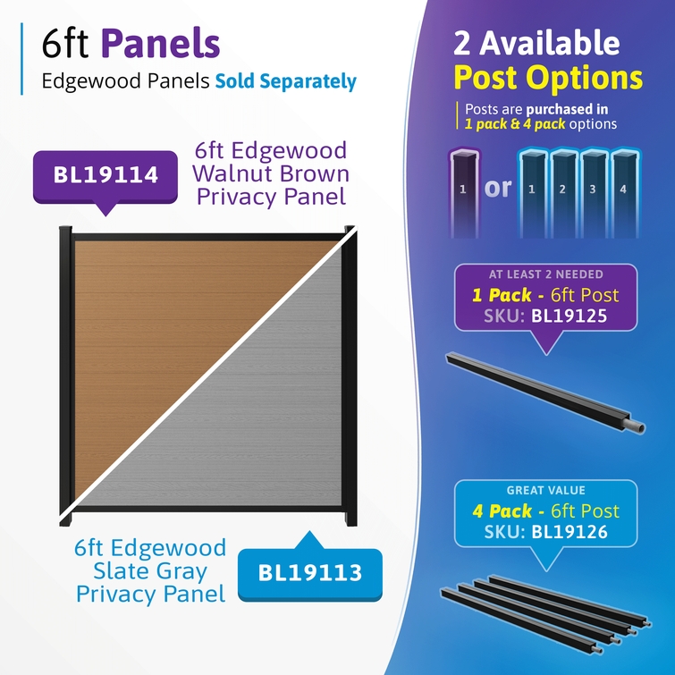 6ft Edgewood composite privacy fence panels compatible with no dig aluminum fence posts walnut brown and slate gray