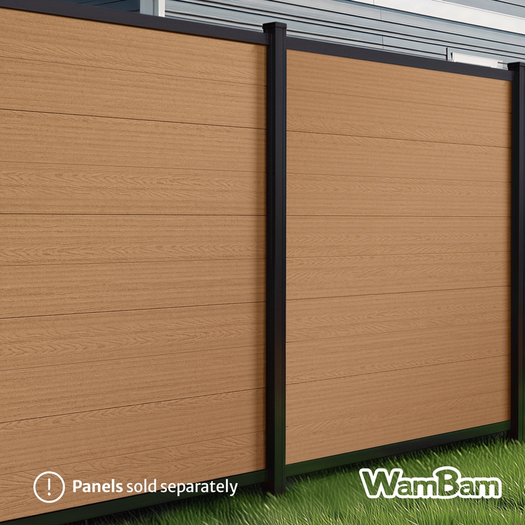 black aluminum fence posts installed with walnut brown composite privacy fence panels in backyard fencing system