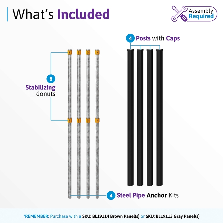 4 pack fence post kit includes aluminum posts with caps, steel pipe anchor kits, and stabilizing donuts for no dig fencing