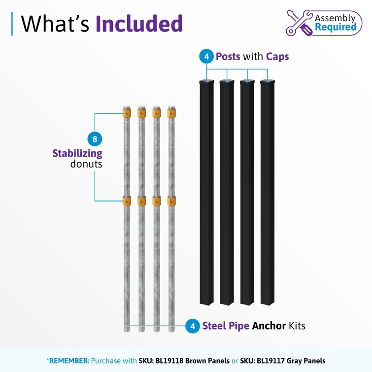 4 pack fence post kit includes aluminum posts, steel pipe anchors, stabilizing components, and post caps