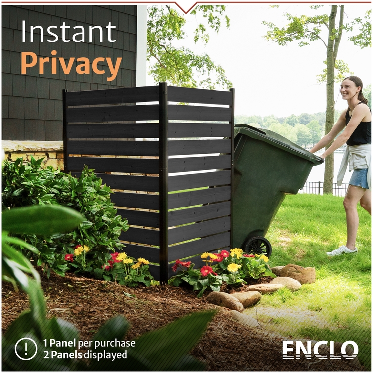 Enclo charcoal wood privacy screen panel hiding a trash bin beside a house, showing instant outdoor privacy