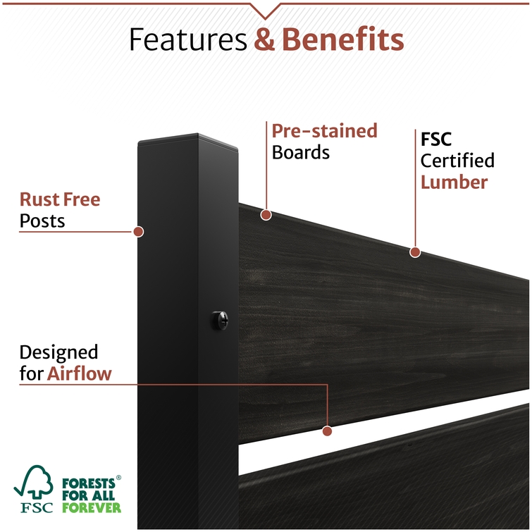Close-up of Enclo privacy screen showing rust-free metal posts, pre-stained FSC-certified wood boards, and airflow spacing