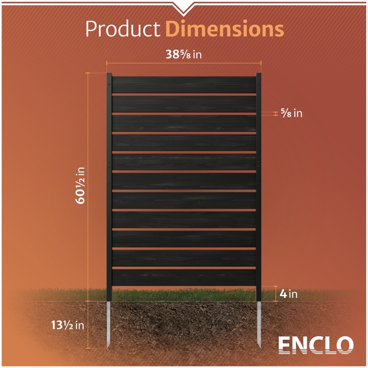 Enclo charcoal wood privacy screen dimensions showing overall height, width, board thickness, and ground stake depth