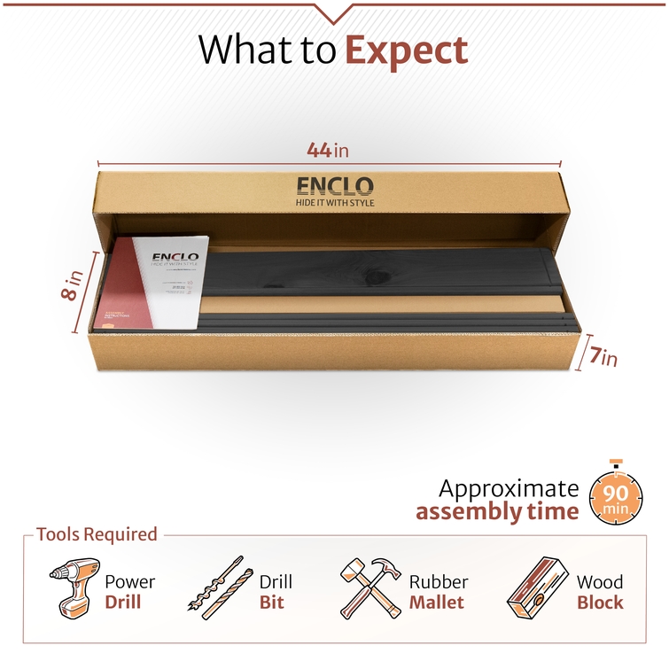 Enclo privacy screen packaged in box with components, instructions, and required tools listed