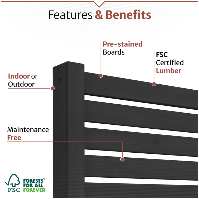 Close-up of charcoal Enclo Tiaga screen showing pre-stained boards, FSC-certified lumber, and low-maintenance design