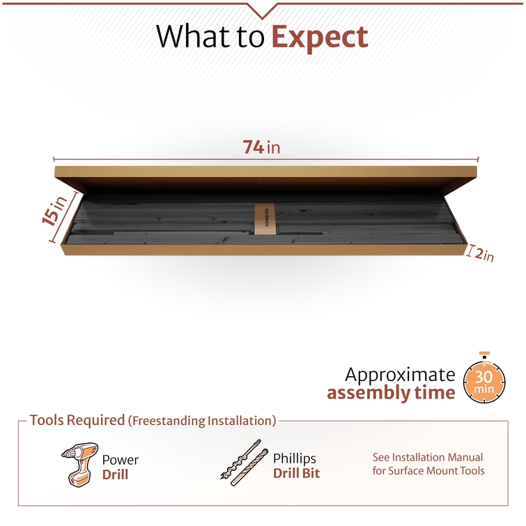 Enclo Tiaga privacy screen packaging showing boxed charcoal boards with approximate 30-minute assembly time and required tools