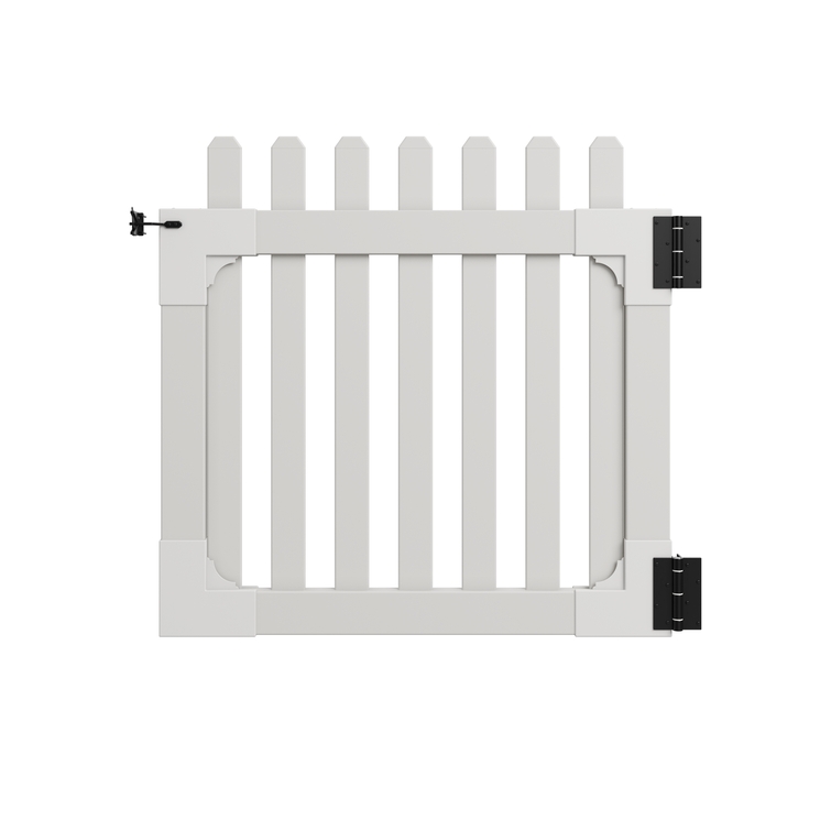 All-American flat top vinyl fence gate with white pickets, adjustable hinges, and latch hardware on a clean white background