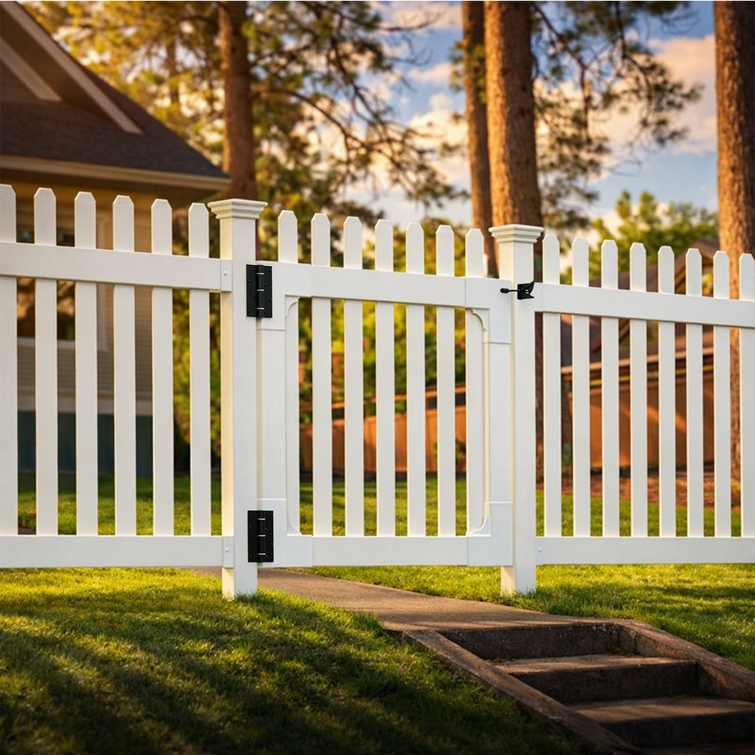 White All-American flat top vinyl gate installed between matching vinyl fence panels in a residential yard