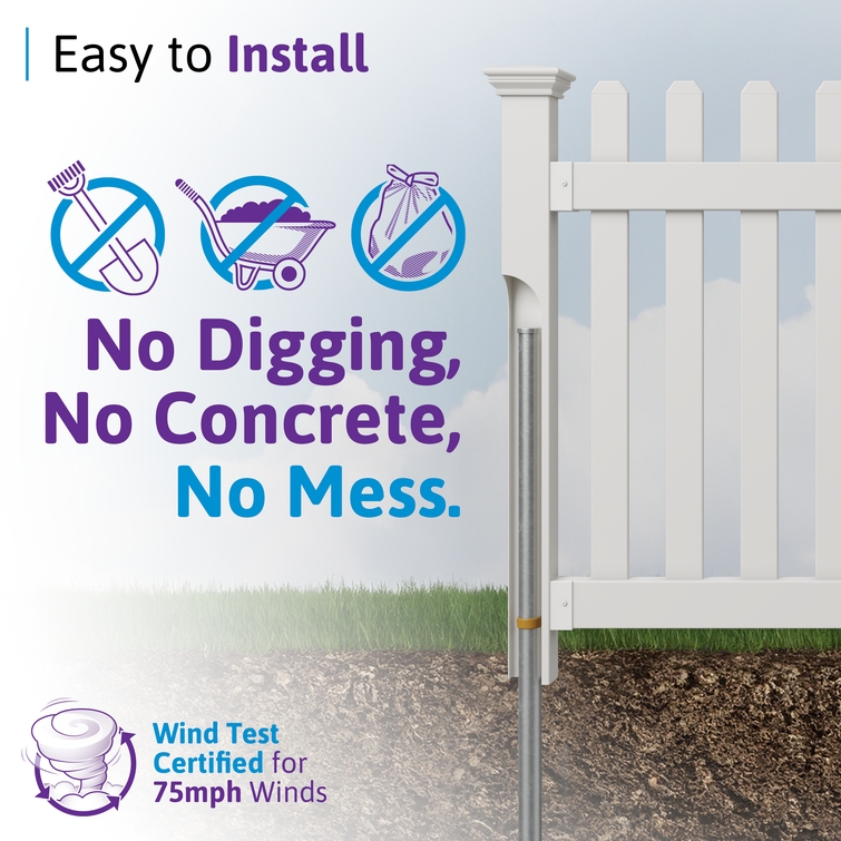 No-dig vinyl fence gate installation showing steel pipe anchor system with no concrete or digging required