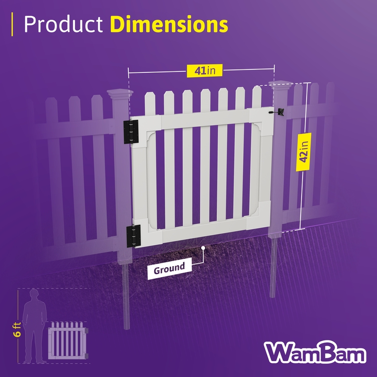 All-American flat top vinyl gate dimensions showing 41-inch width and 42-inch height with ground clearance