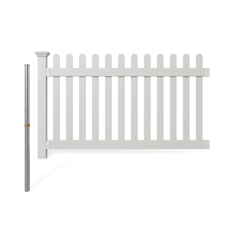 All-American flat top white vinyl picket fence panel with no-dig steel pipe anchor and post