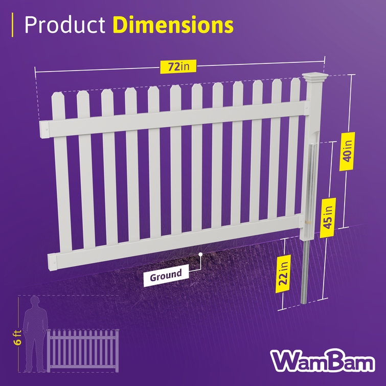 All-American flat top white vinyl picket fence panel dimensions showing width, height, and steel pipe anchor depth