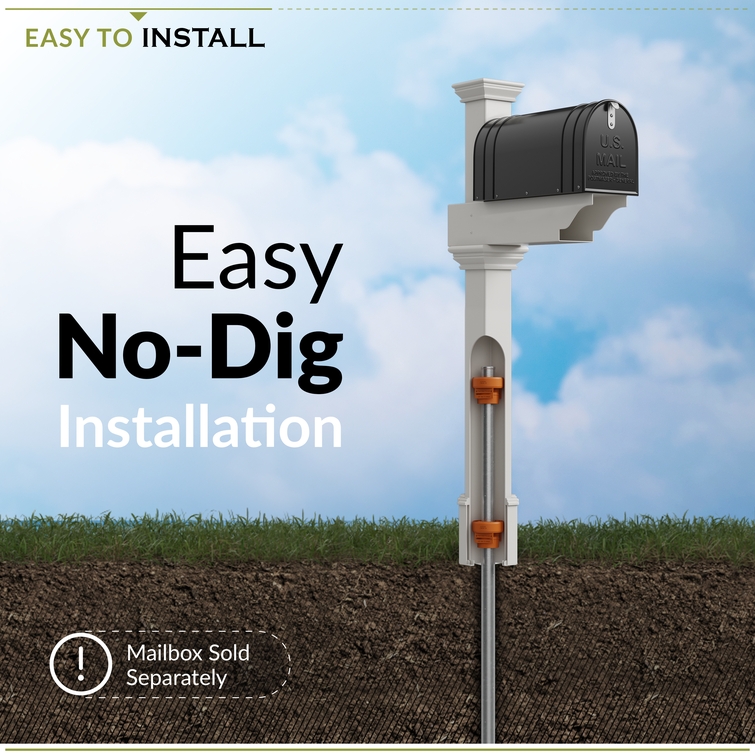 Vinyl mailbox post with easy no-dig installation using ground anchor system for secure outdoor setup