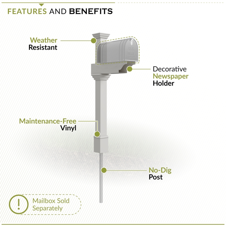 Outdoor vinyl mailbox post with weather-resistant construction, maintenance-free design, and newspaper holder