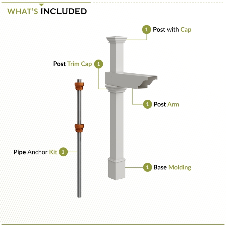 Vinyl mailbox post kit includes post, arm, trim cap, base molding, and ground anchor hardware