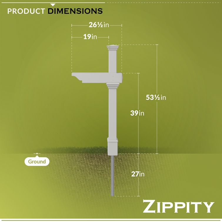 Vinyl mailbox post dimensions showing 53.5 inch height, 26.5 inch arm length, and 27 inch ground anchor depth