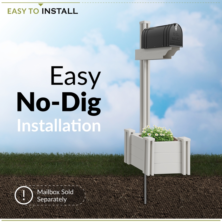 Vinyl mailbox post with planter box and no-dig ground anchor system for easy outdoor installation