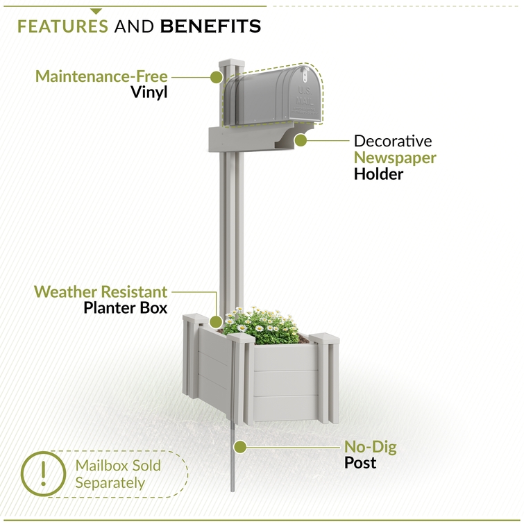 Decorative vinyl mailbox post with planter box, weather-resistant design, and newspaper holder