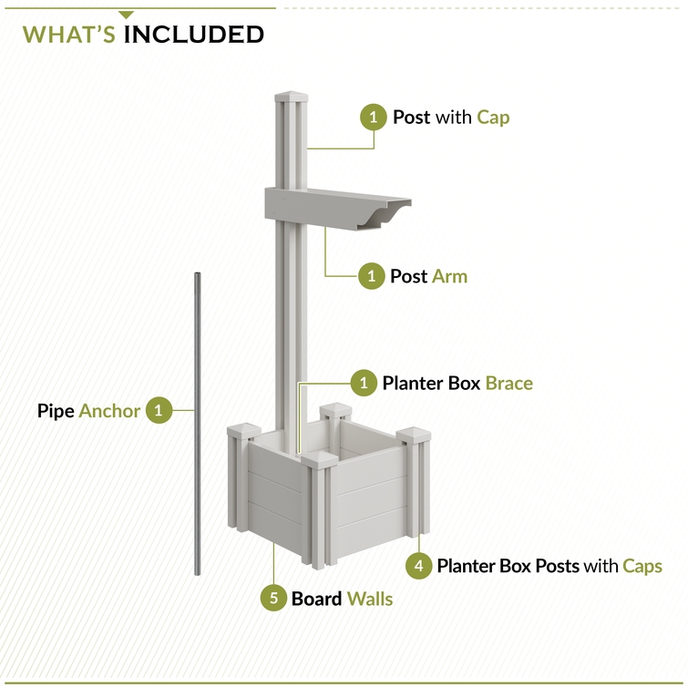 Mailbox post with planter box kit includes post, arm, planter panels, brace, and ground anchor