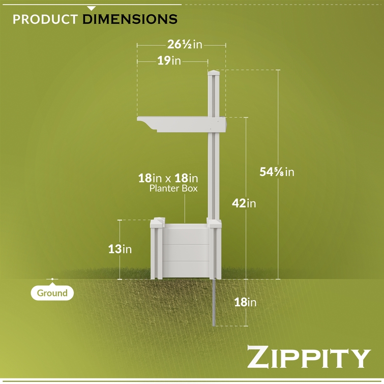 Mailbox post with planter box dimensions showing 54.6 inch height and 18 inch by 18 inch planter size