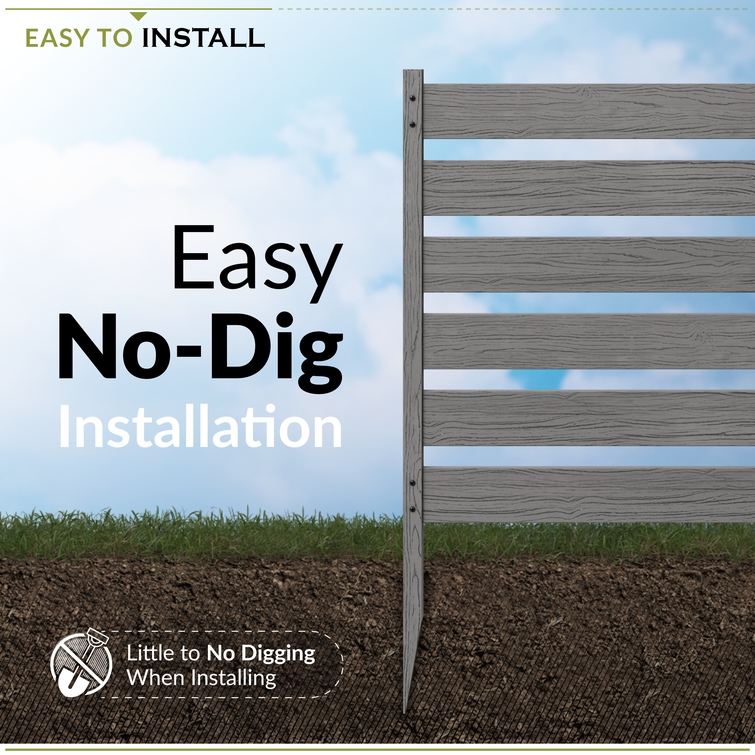 WoodTek vinyl fence panel with easy no-dig installation using ground stakes for outdoor setup
