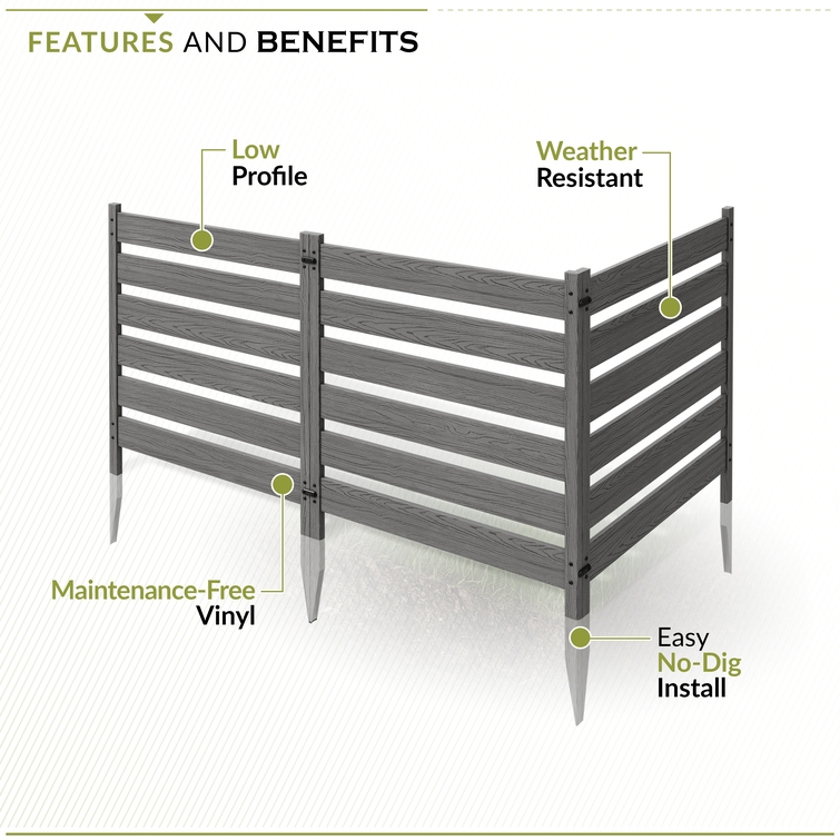 Outdoor WoodTek vinyl fence enclosure with low profile design, weather-resistant material, and no-dig install