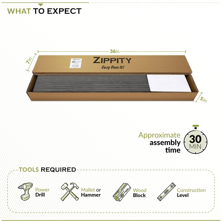 WoodTek vinyl fence kit packaging with tools required and approximate 30 minute assembly time
