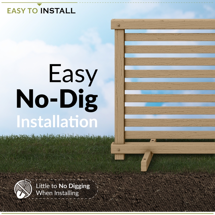 WoodTek vinyl fence panel with no-dig installation and freestanding base for easy outdoor setup