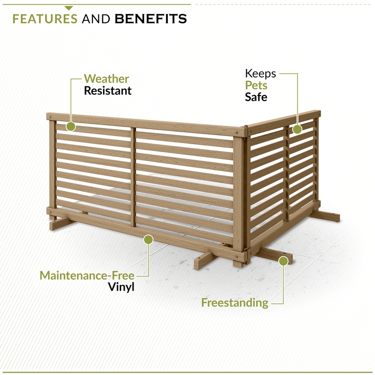 Outdoor WoodTek vinyl fence enclosure with weather-resistant material, freestanding design, and pet-safe panels