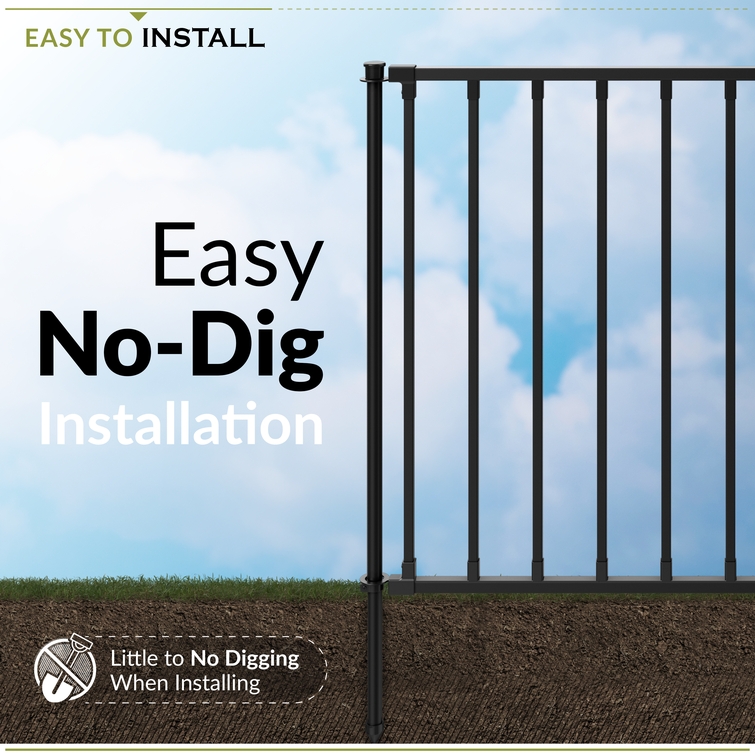 No-dig metal fence panel installation with ground stakes for easy outdoor setup without digging or concrete