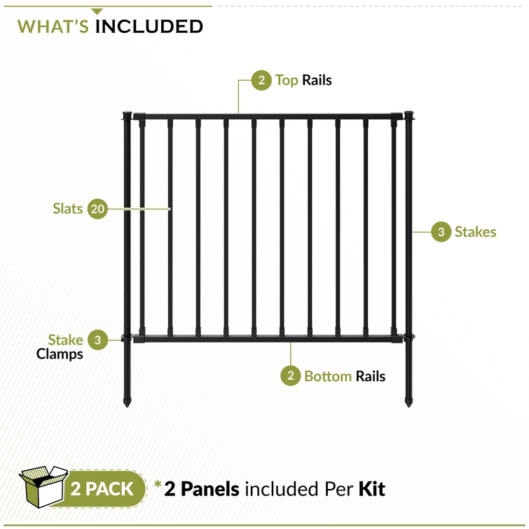 Metal fence panel kit includes rails, slats, stakes, and clamps for complete outdoor installation