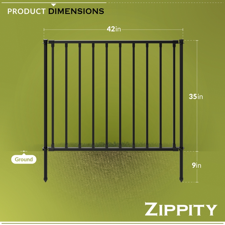 Black metal fence panel dimensions 42 inches wide by 35 inches high with ground stake installation depth