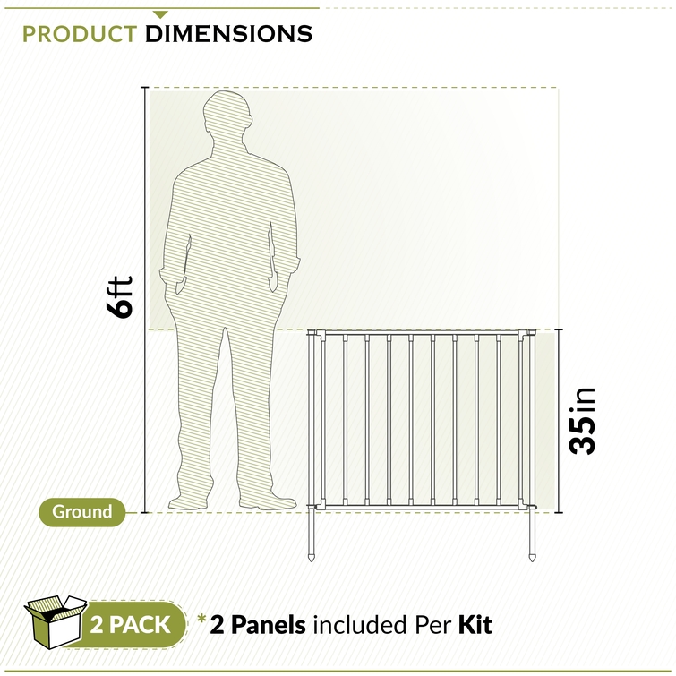 Outdoor fence panel height comparison showing 35 inch panel next to 6 foot person for scale reference