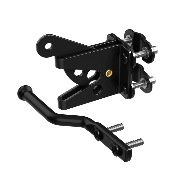Black metal fence gate latch hardware with latch catch, bolts, and adjustable mounting components